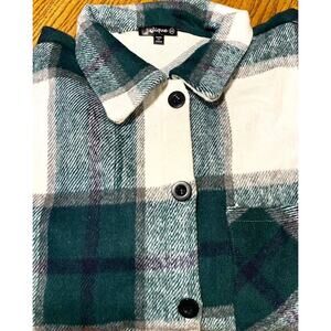 NEW 1X FLANNEL SHACKET JACKET Button Woven Twill Green White Purple Plaid NWT